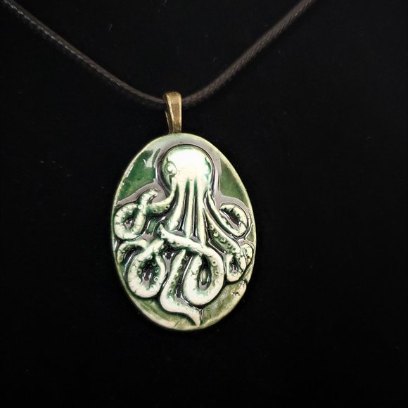 Handmade Ceramic Bottle Green Octopus Kraken Pendant Necklace - Picture 2 of 11